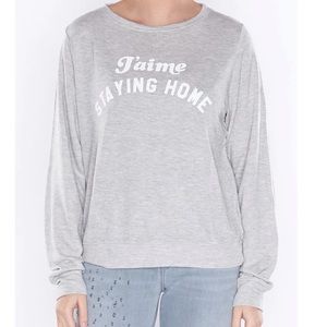 Wildfox "J’aime Staying Home” Graphic Gray Crew Neck Sweater Top